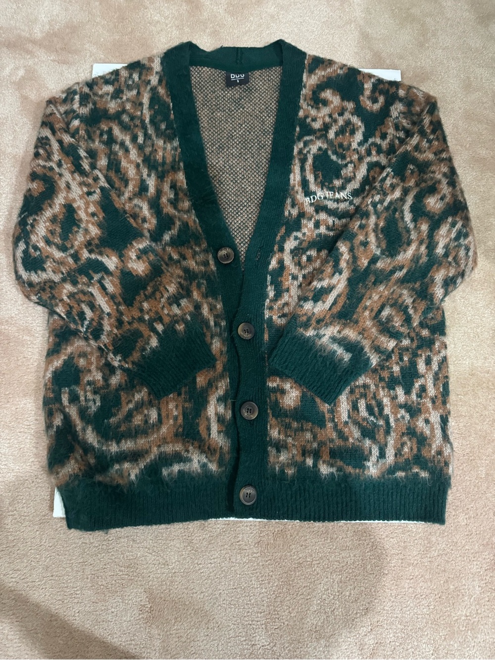 BDG Dark Green and Brown Animal-Print Knit Cardigan